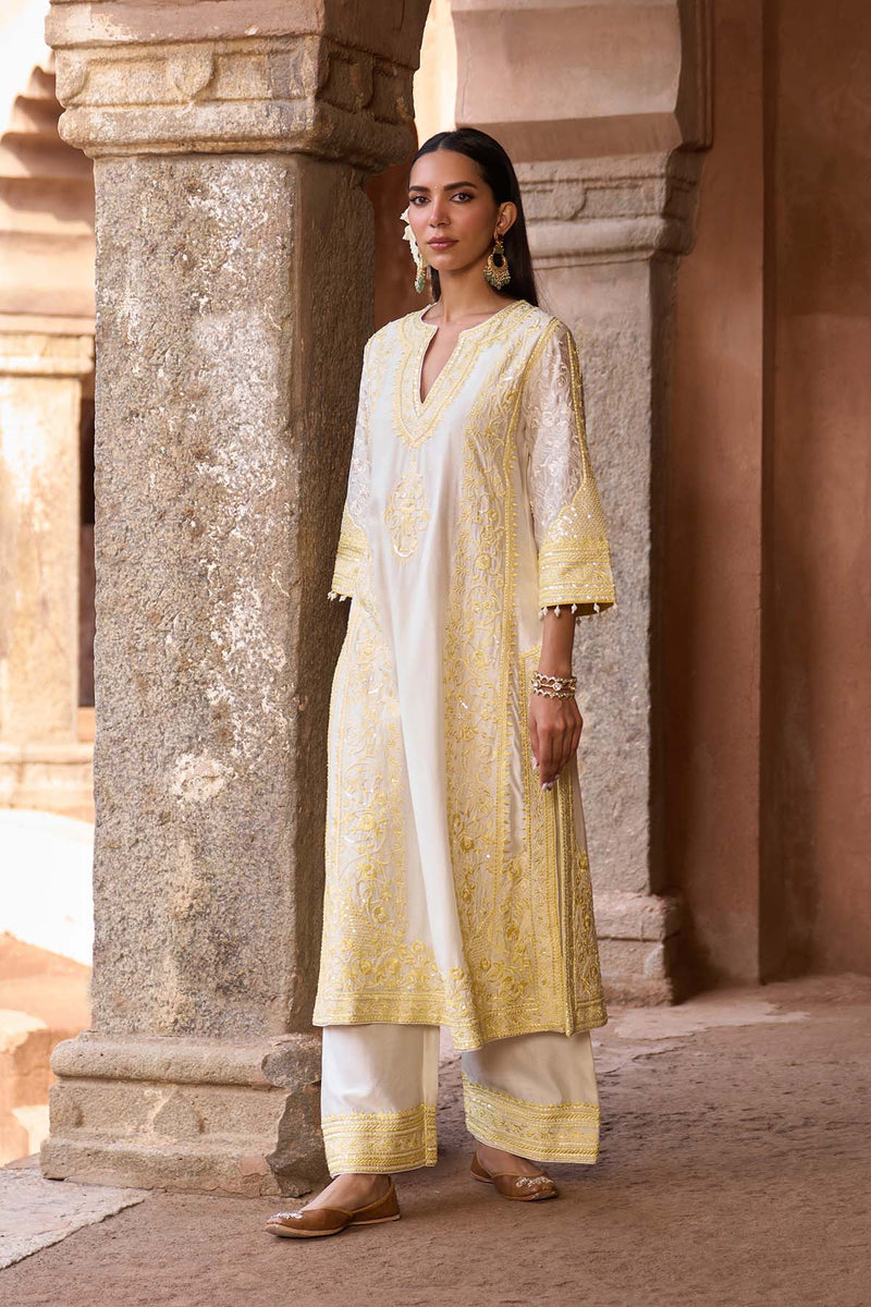 NURVI - DAISY IVORY WITH LEMON YELLOW LONG A-LINE KURTA WITH PALAZZO AND DUPATTA
