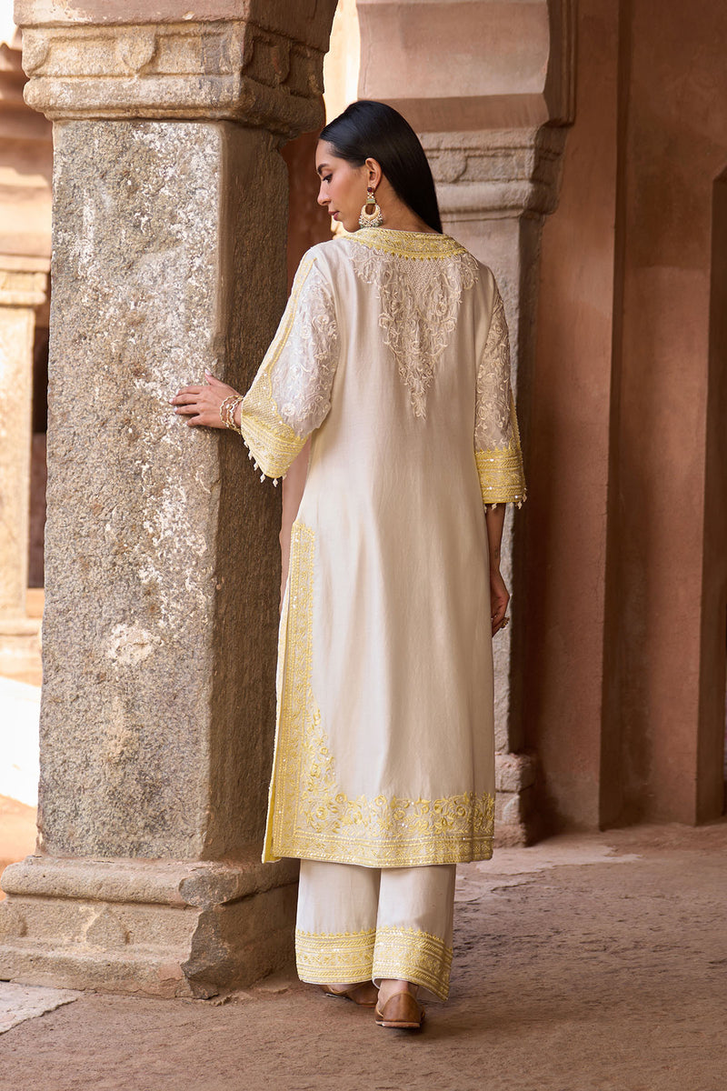 NURVI - DAISY IVORY WITH LEMON YELLOW LONG A-LINE KURTA WITH PALAZZO AND DUPATTA