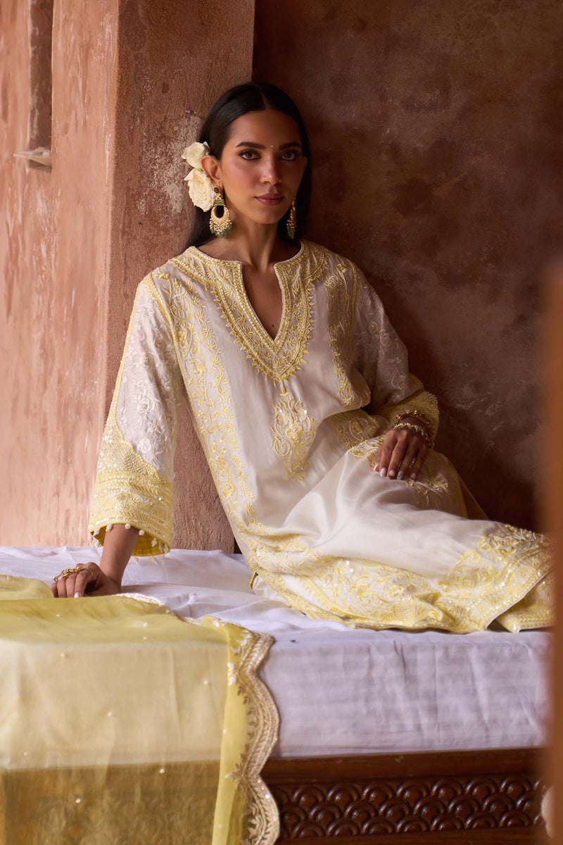 NURVI - DAISY IVORY WITH LEMON YELLOW LONG A-LINE KURTA WITH PALAZZO AND DUPATTA