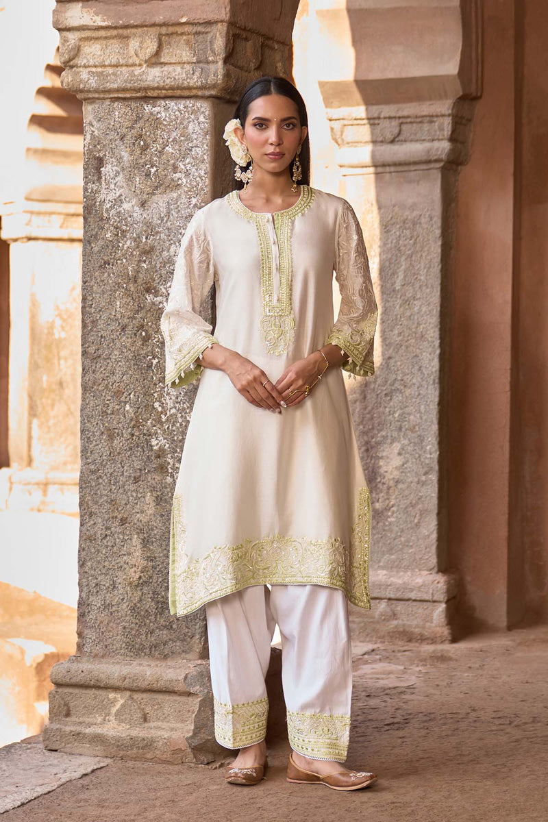 ANAM - DAISY IVORY WITH MINT GREEN A-LINE KURTA WITH SALWAR AND DUPATTA