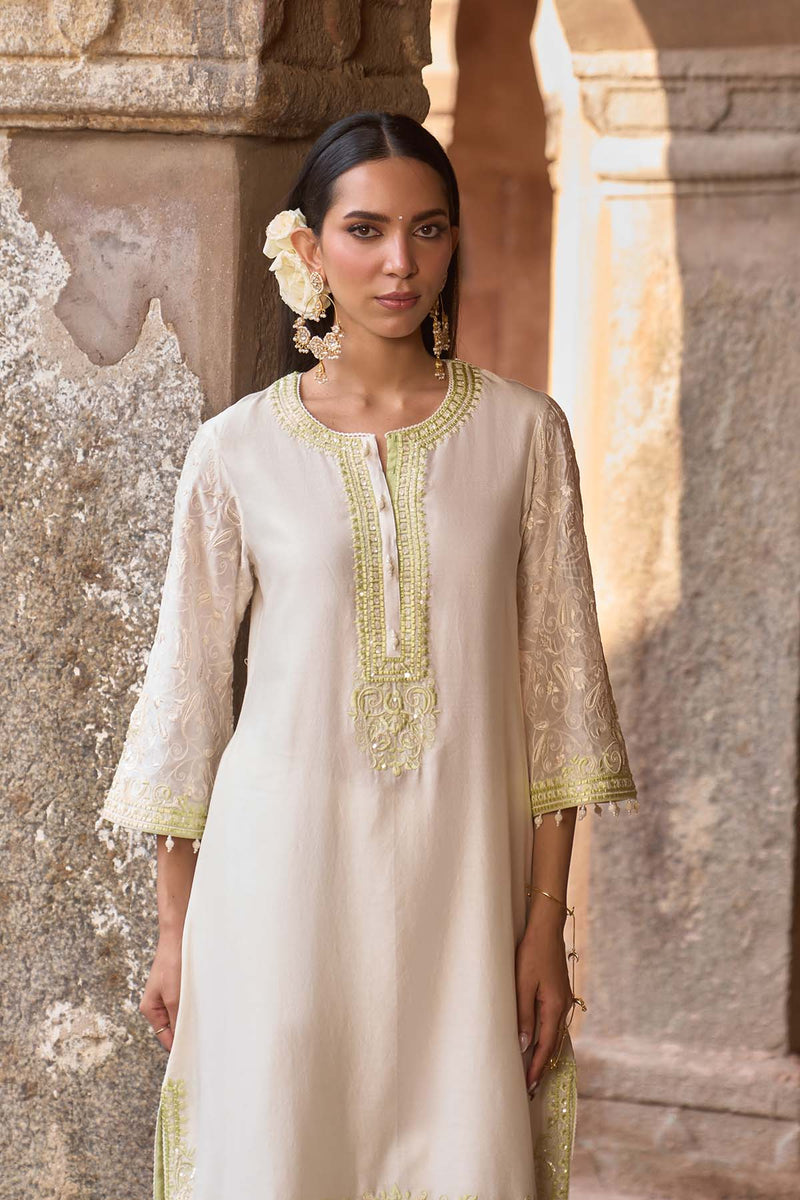 ANAM - DAISY IVORY WITH MINT GREEN A-LINE KURTA WITH SALWAR AND DUPATTA