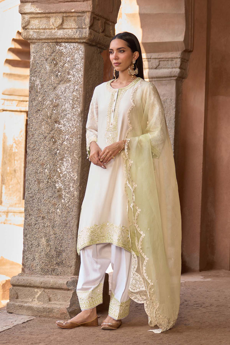 ANAM - DAISY IVORY WITH MINT GREEN A-LINE KURTA WITH SALWAR AND DUPATTA