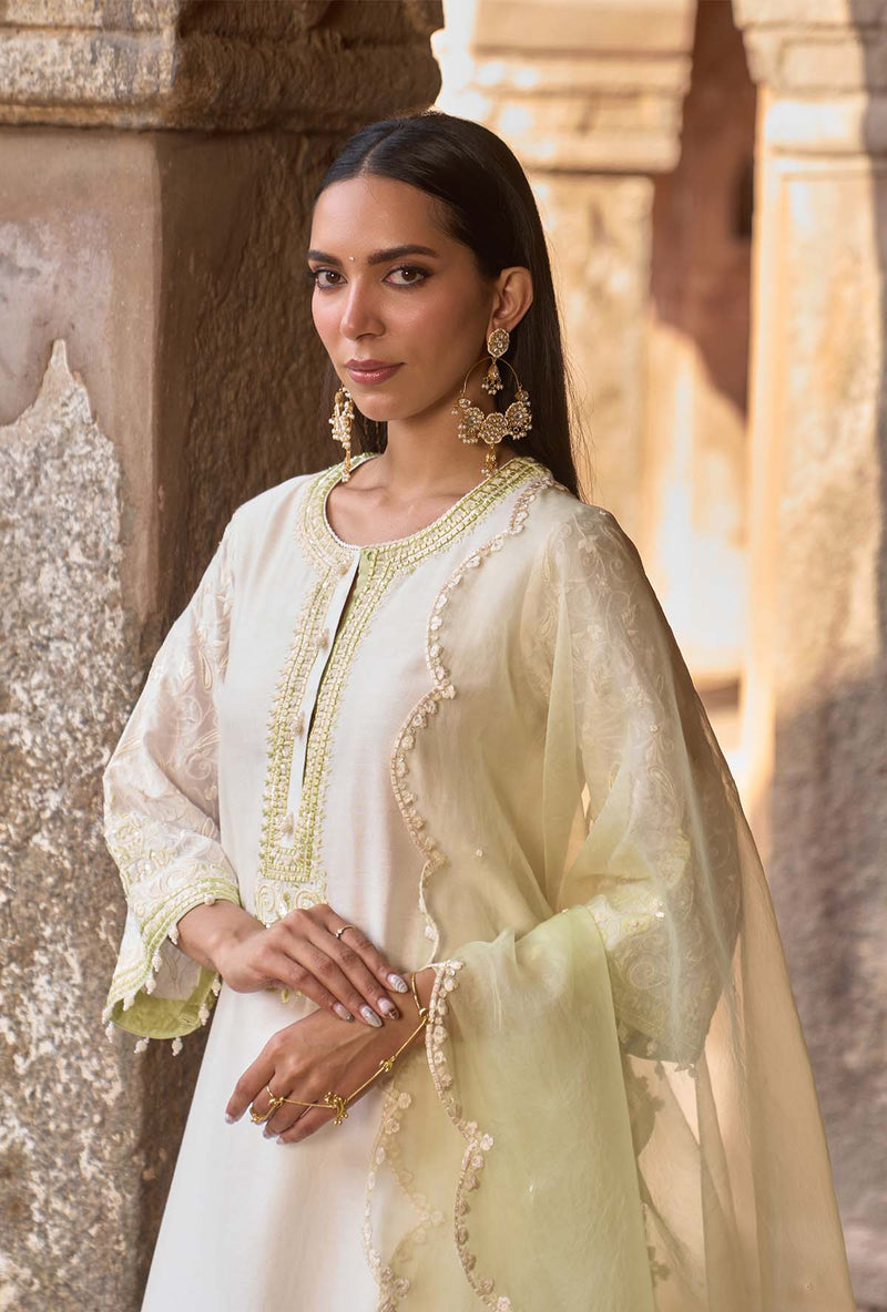 ANAM - DAISY IVORY WITH MINT GREEN A-LINE KURTA WITH SALWAR AND DUPATTA