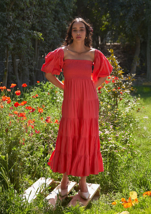 Beatrice Midi Dress with Detachable Sleeves (Vermilion)