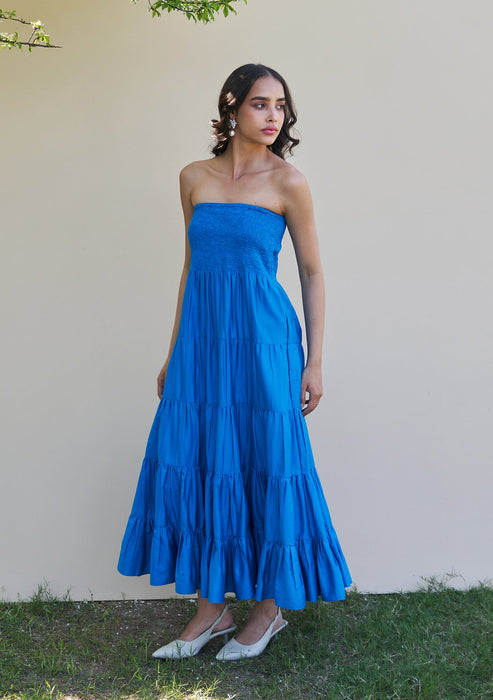 Beatrice Midi Dress with Detachable Sleeves (Blue)