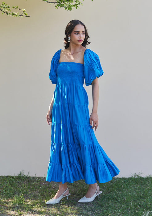 Beatrice Midi Dress with Detachable Sleeves (Blue)