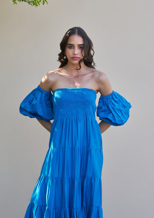 Beatrice Midi Dress with Detachable Sleeves (Blue)