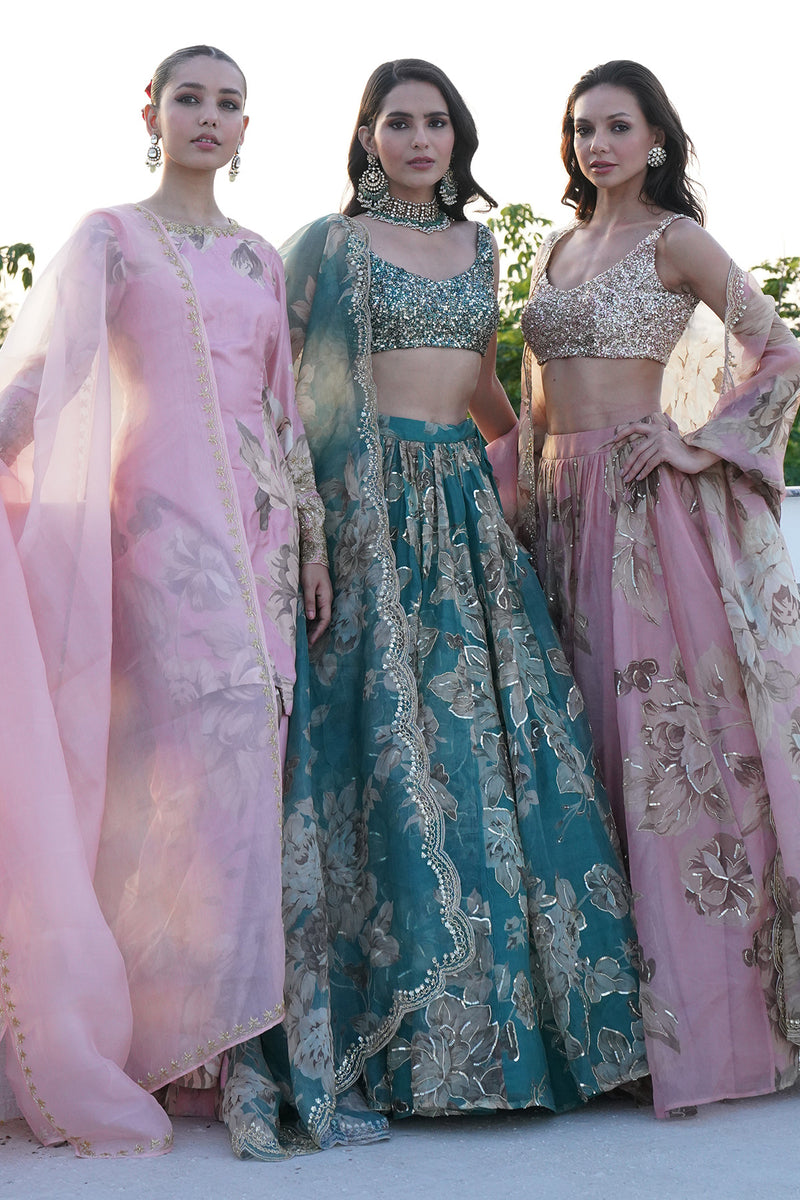 GREY ORGANZA FLORAL LEHENGA SET