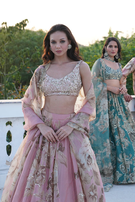 PINK ORGANZA FLORAL LEHENGA SET