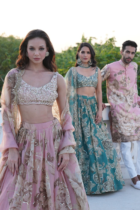 PINK ORGANZA FLORAL LEHENGA SET