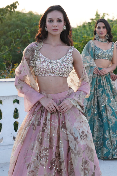 PINK ORGANZA FLORAL LEHENGA SET