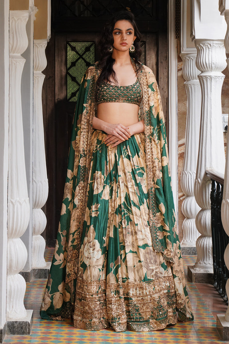 BOTTLE GREEN FLORAL LEHENGA SET