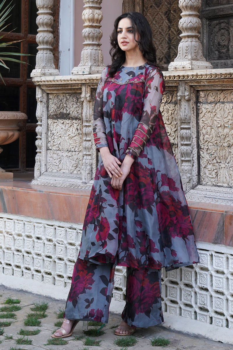 LIGHT GREY FLORAL A LINE KURTI SET