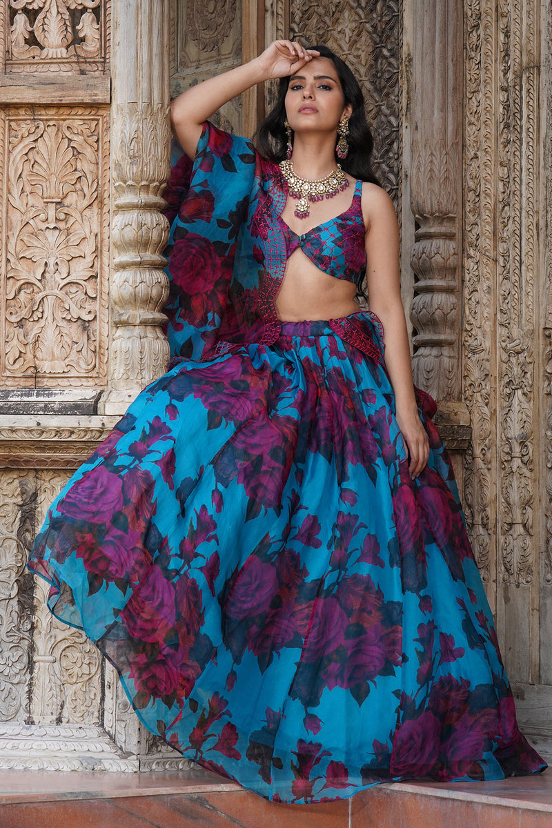 TURQUOISE FLORAL LEHENGA SET