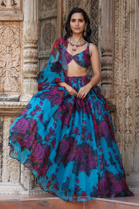 TURQUOISE FLORAL LEHENGA SET