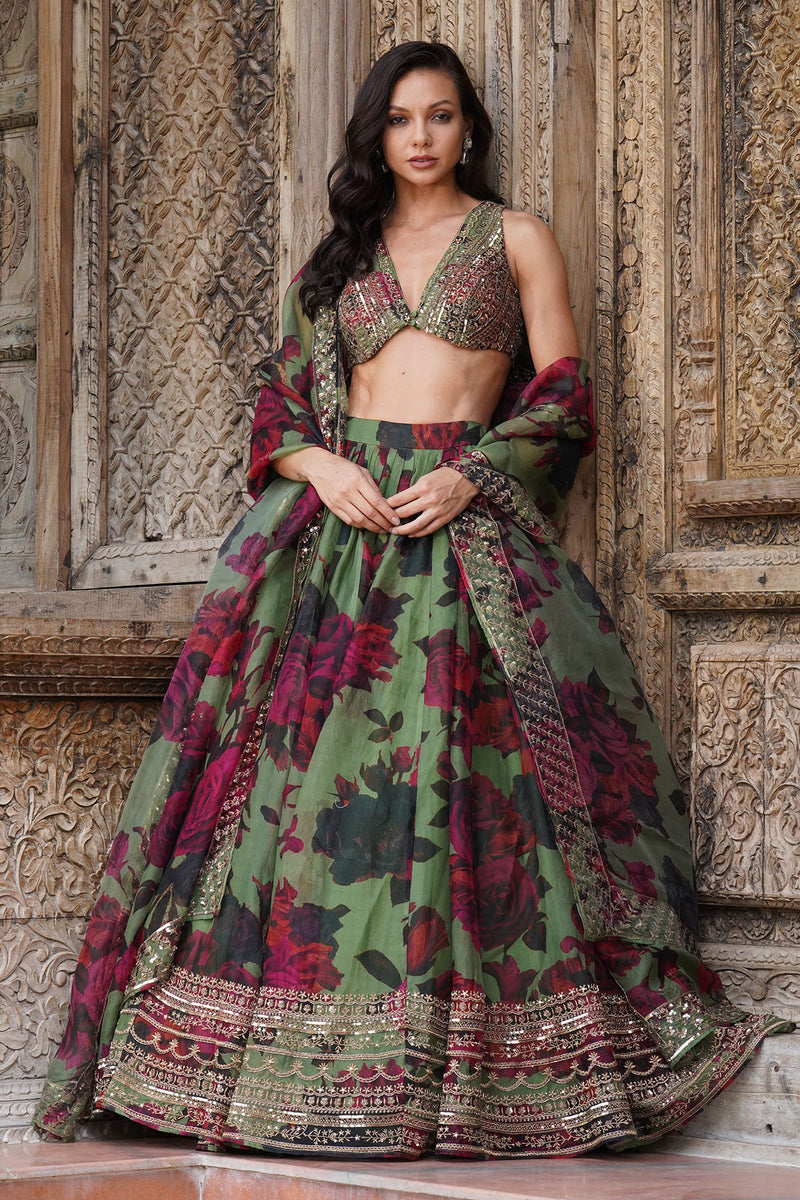 MEHENDI GREEN FLORAL LEHENGA SET