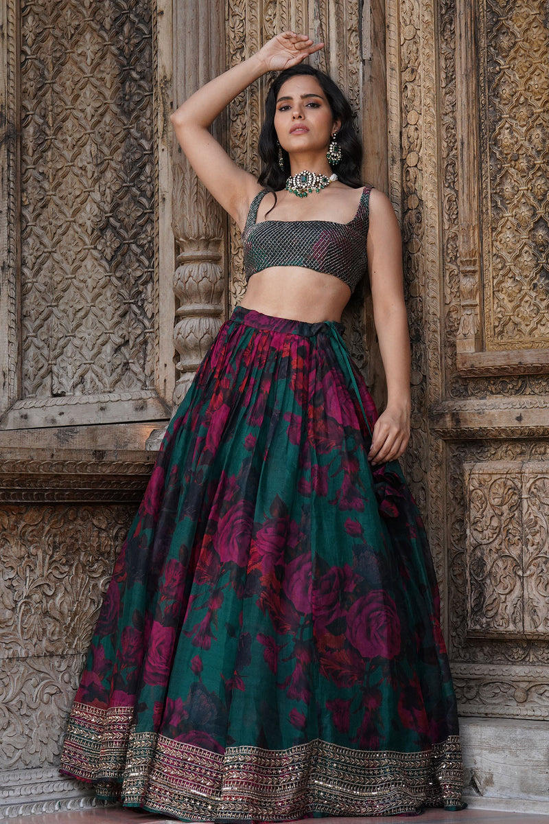 TEAL GREEN FLORAL LEHENGA SET