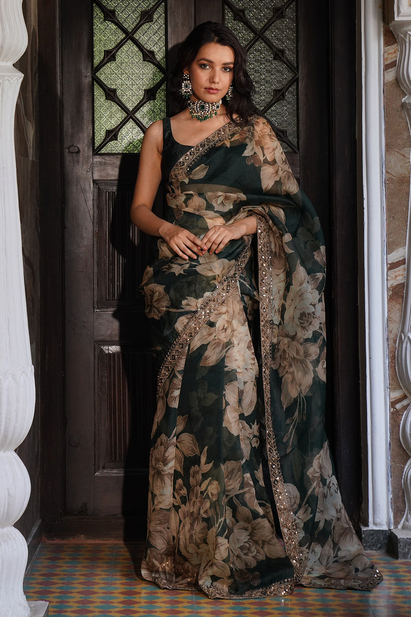 BOTTLE GREEN FLORAL SAREE SET
