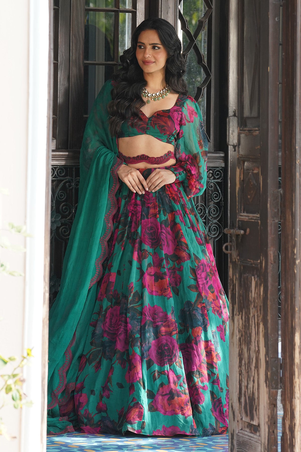 TEAL GREEN CHIFFON FLORAL LEHENGA SET