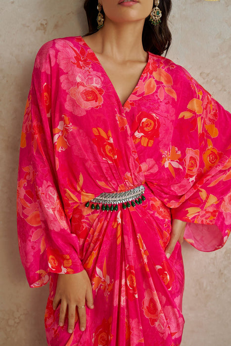 Pink Rose Draped Kaftan Dress