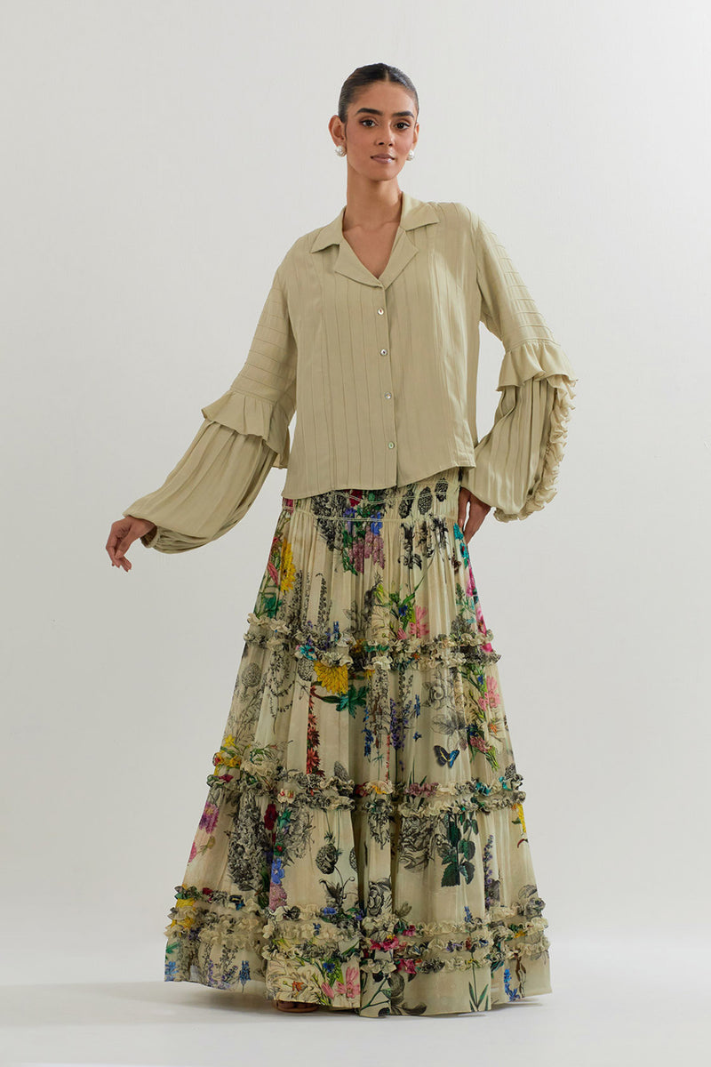 BOTANICAL PRINTED SKIRT WITH RUFFLE SHIRT