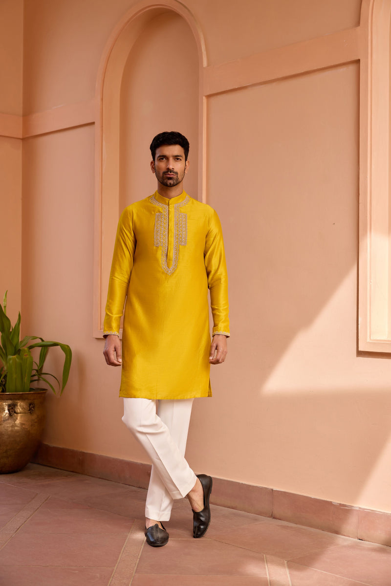 Yellow dori and hand embroidered silk kurta set