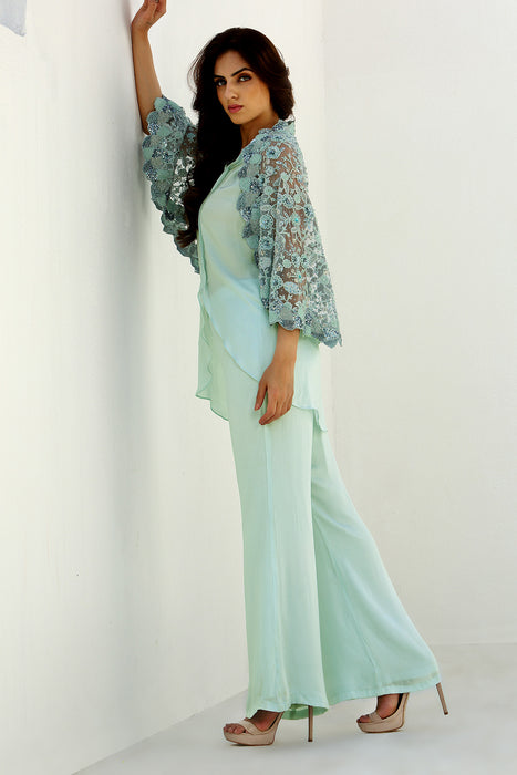 Celeste - Embroidered Cape Shirt Pant Set.