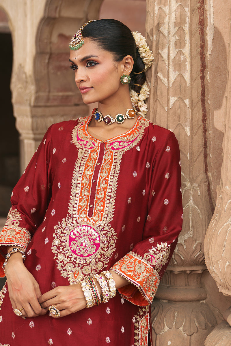 ANILA - DEEP RED SHORT KURTA WITH SALWAR