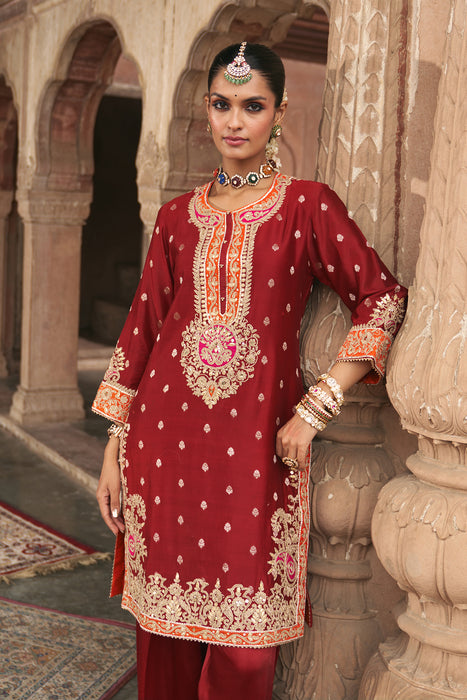 ANILA - DEEP RED SHORT KURTA WITH SALWAR