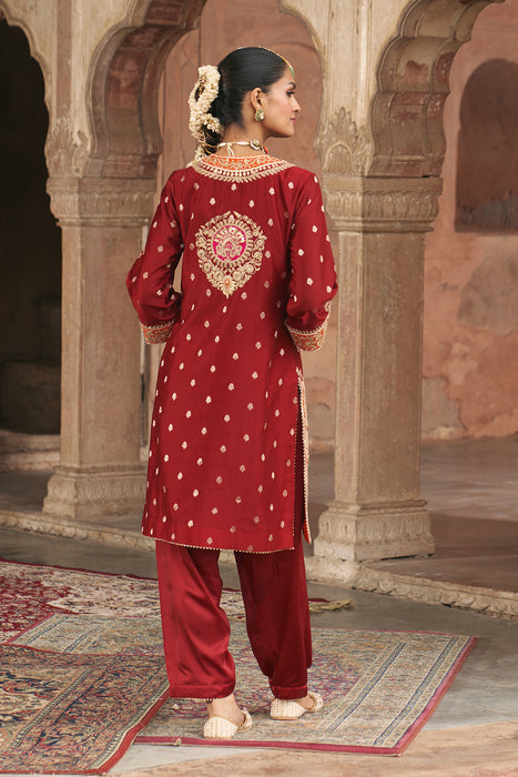 ANILA - DEEP RED SHORT KURTA WITH SALWAR