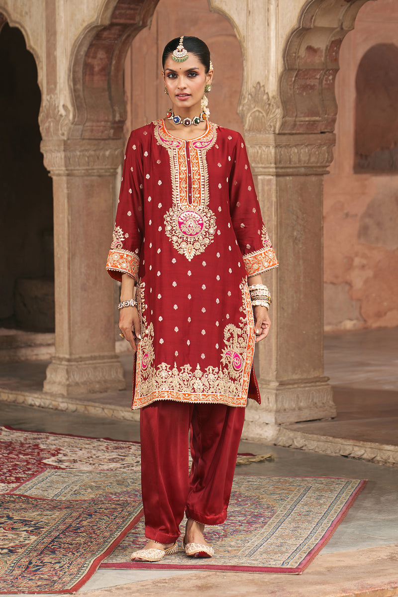 ANILA - DEEP RED SHORT KURTA WITH SALWAR
