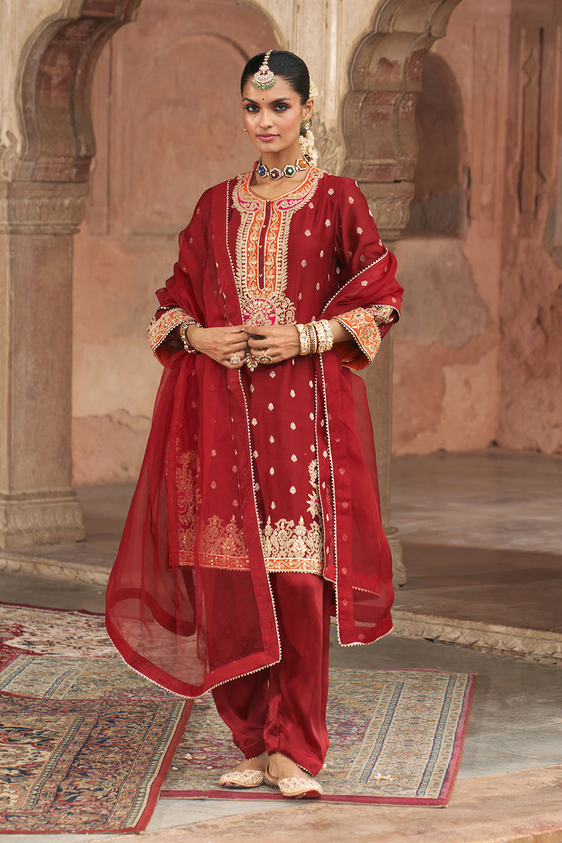 ANILA - DEEP RED SHORT KURTA WITH SALWAR