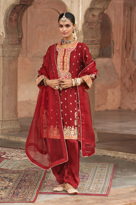 ANILA - DEEP RED SHORT KURTA WITH SALWAR