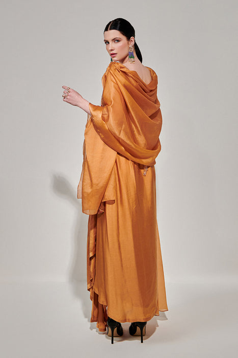 Honey Mustard Cowl Cape Set With Asymmetricdrape Skirt