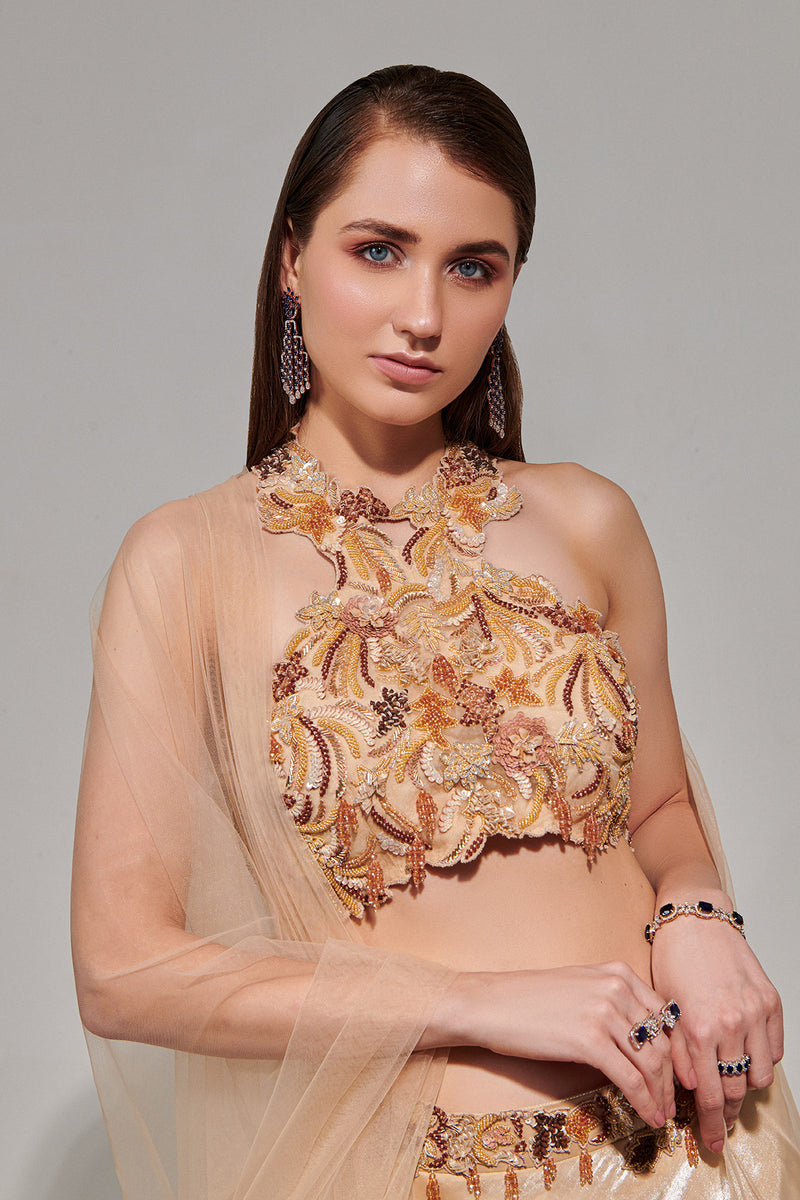 Metallic Fluid Organza Lehenga, Crepe Blouse And Tulle Dupatta