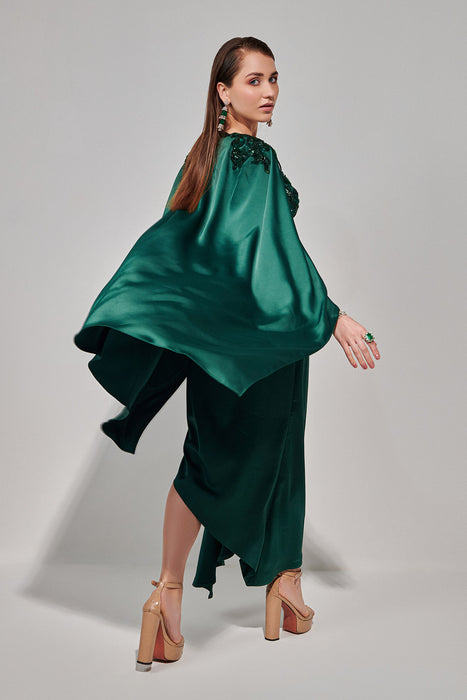 Emerald Green Hand Embroidered Cape Set With Cutwork Blouse And Drape Skirt