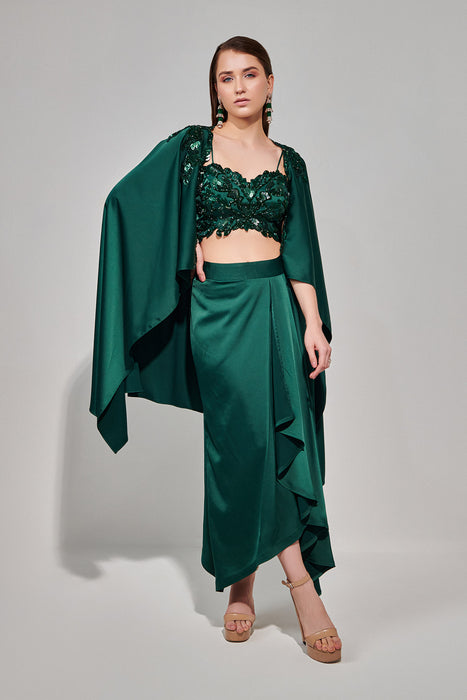 Emerald Green Hand Embroidered Cape Set With Cutwork Blouse And Drape Skirt