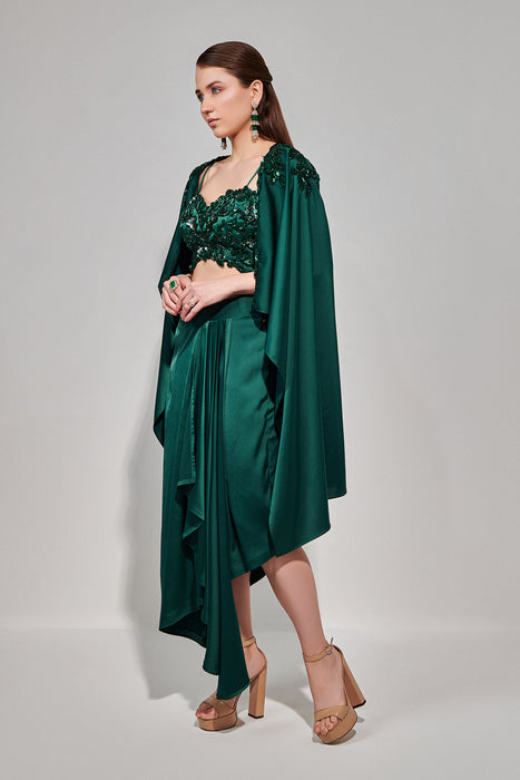 Emerald Green Hand Embroidered Cape Set With Cutwork Blouse And Drape Skirt