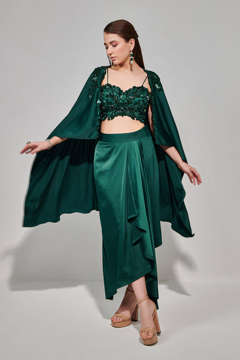 Emerald Green Hand Embroidered Cape Set With Cutwork Blouse And Drape Skirt