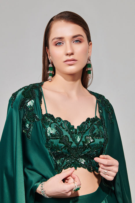 Emerald Green Hand Embroidered Cape Set With Cutwork Blouse And Drape Skirt