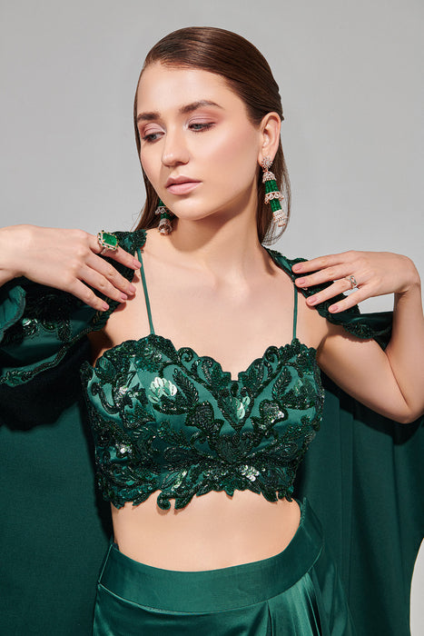 Emerald Green Hand Embroidered Cape Set With Cutwork Blouse And Drape Skirt