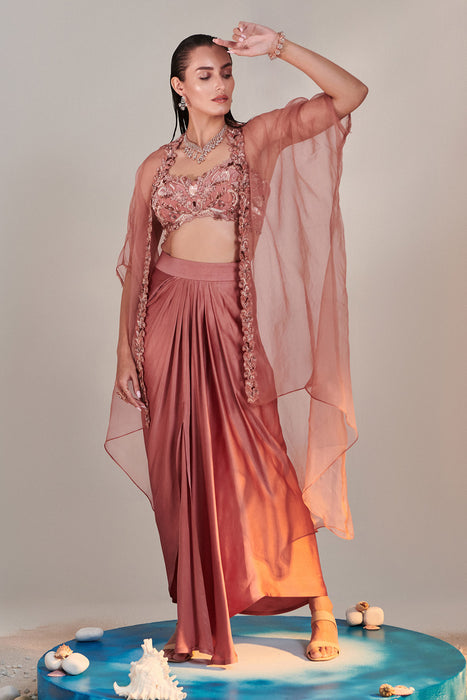 Salmon Pink Pure Organza Cape Cutwork Zardozi Embroidery, French Knot Detail