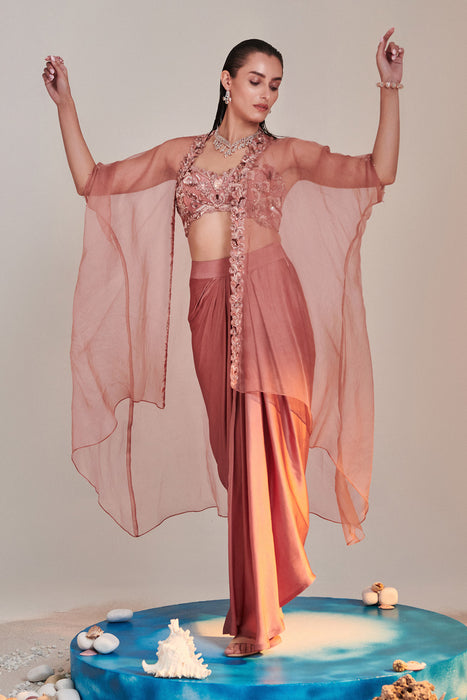 Salmon Pink Pure Organza Cape Cutwork Zardozi Embroidery, French Knot Detail