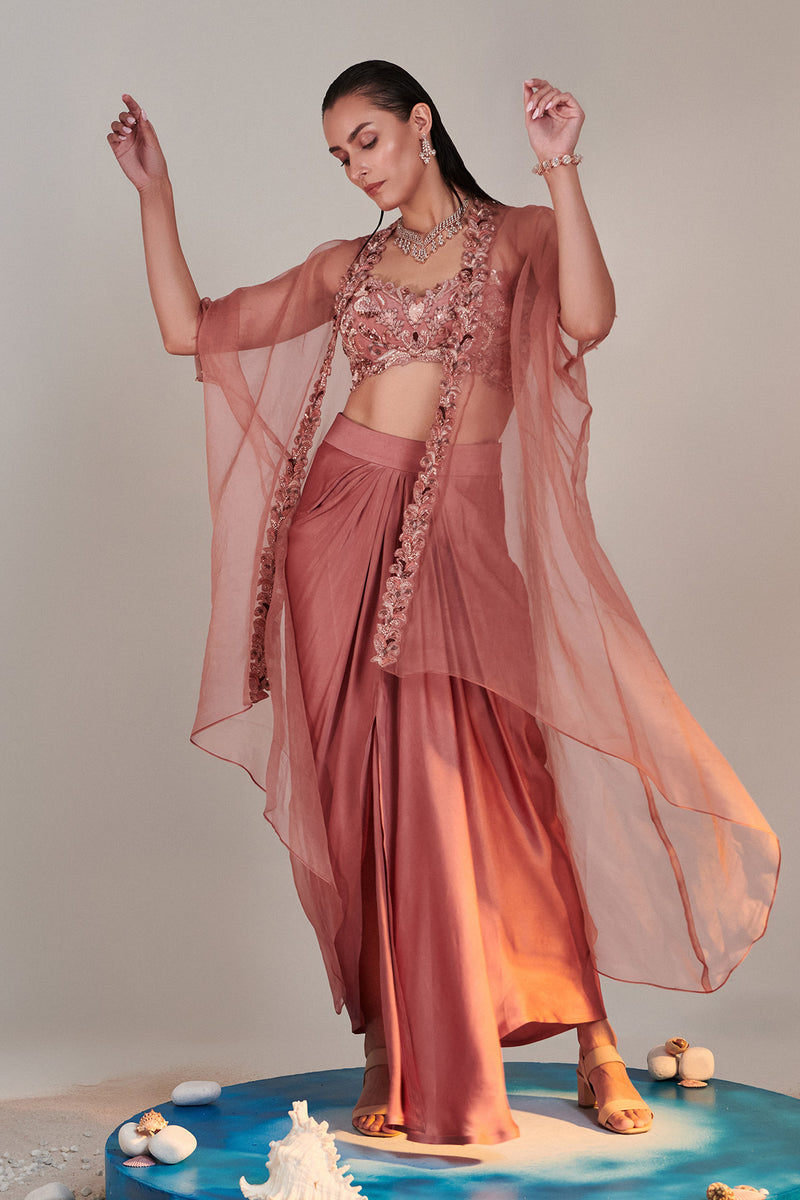 Salmon Pink Pure Organza Cape Cutwork Zardozi Embroidery, French Knot Detail