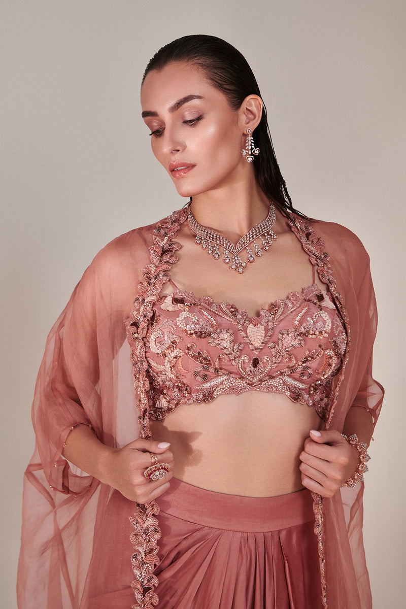 Salmon Pink Pure Organza Cape Cutwork Zardozi Embroidery, French Knot Detail