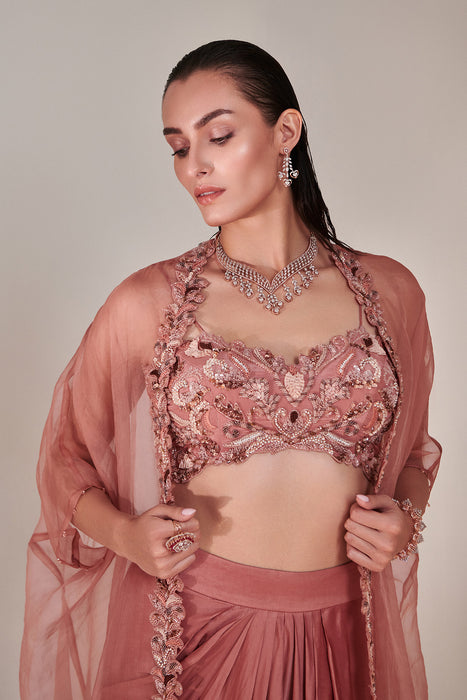 Salmon Pink Pure Organza Cape Cutwork Zardozi Embroidery, French Knot Detail