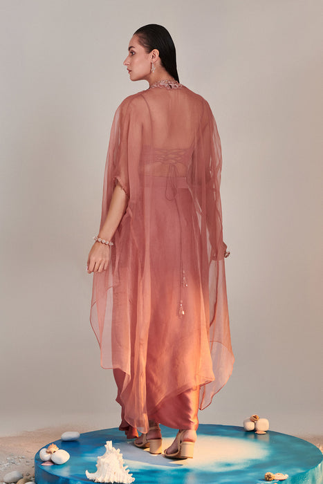 Salmon Pink Pure Organza Cape Cutwork Zardozi Embroidery, French Knot Detail