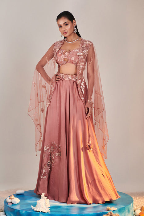 Salmon Pink Cutwork Blouse Applique Lehenga