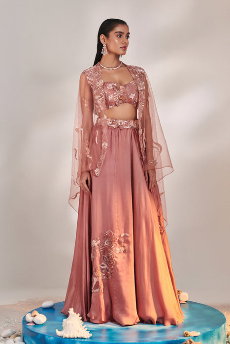 Salmon Pink Cutwork Blouse Applique Lehenga