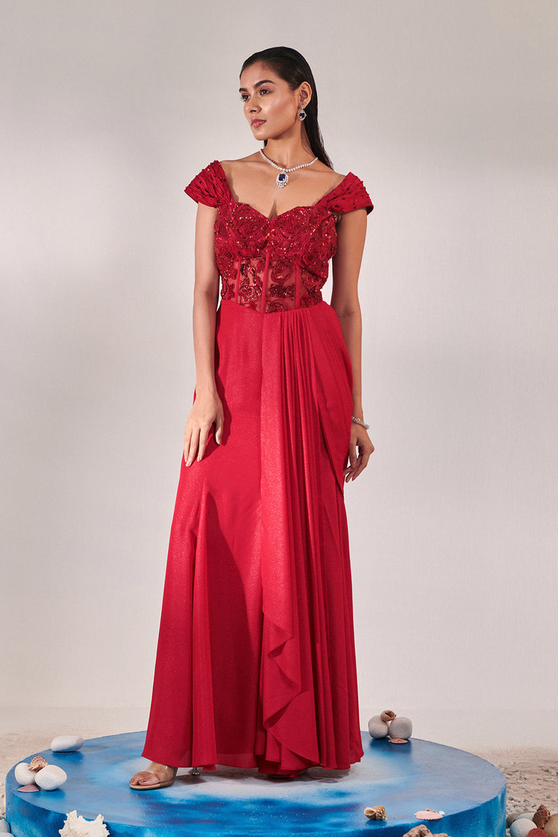 Corset Fitted Gown Draped To Accentuate Curves;Twisted Pleated Shoulder Drape; Fabric Manipulation Technique